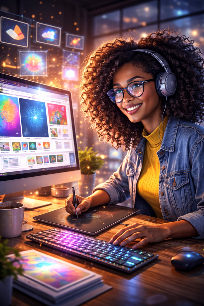 AI designer creating digital visuals to make money with ChatGPT