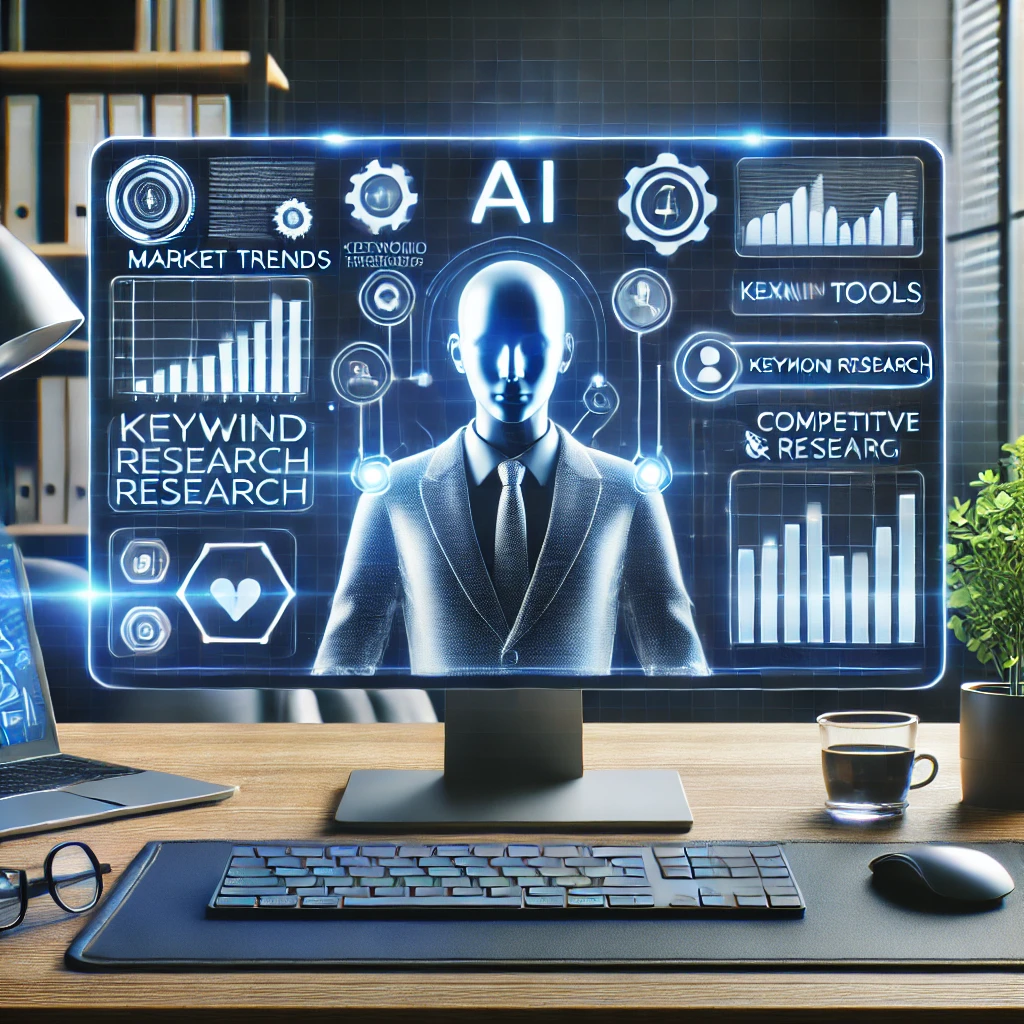 A professional workspace featuring a person analyzing market trends on a computer screen with AI tools, graphs, and keyword research
