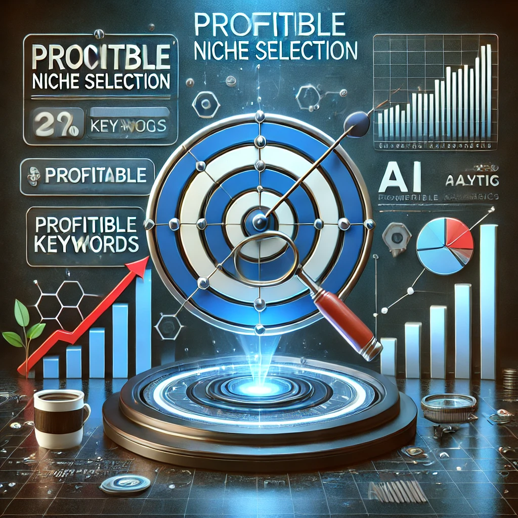 A futuristic digital illustration depicting profitable niche selection with a target, magnifying glass, growth chart, and AI-powered analytics.