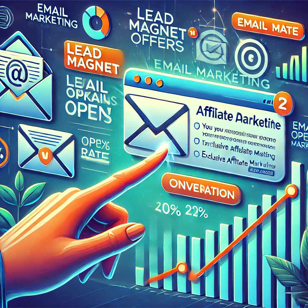 A visually engaging digital illustration of an email marketing campaign in action. The image showcases an inbox filled with promotional emails, lead magnet offers, and call-to-action buttons. A hand is seen clicking on an email with a subject line about an exclusive affiliate marketing deal. The background includes charts and graphs representing email open rates and conversion metrics. The color scheme features shades of blue and green, symbolizing growth and engagement.