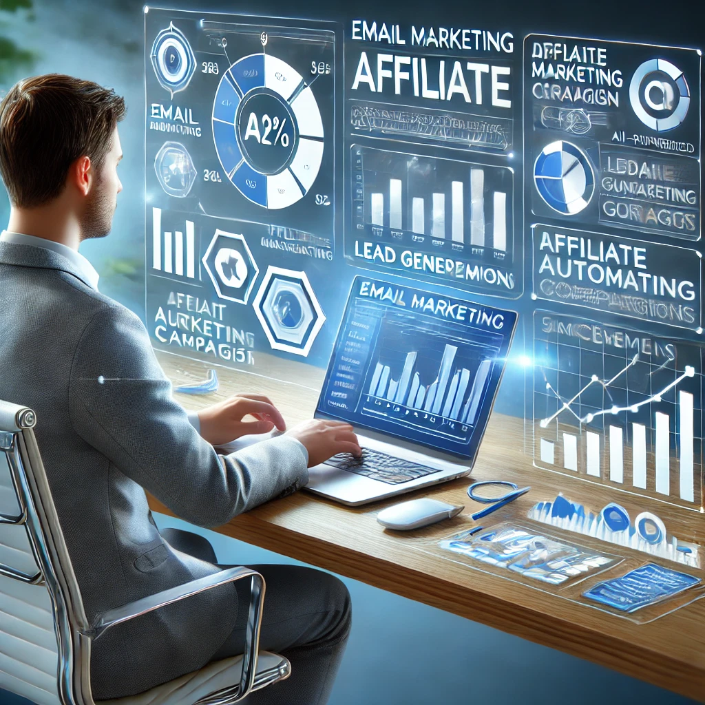 A professional digital illustration of an email marketing strategist optimizing an affiliate marketing campaign. The image features a modern workspace with a laptop displaying an email automation dashboard, analytics charts, and lead generation stats. The strategist is reviewing performance metrics while AI-powered tools suggest improvements. The color scheme blends blue, white, and silver, symbolizing digital marketing success.